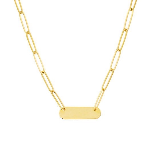 Paper Clip Necklace w/Rounded Engravable Bar 14K Yellow Gold